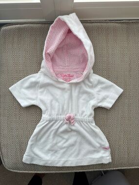 Ruffle Butts White Hooded Swim Coverup with Pink Lined Hood